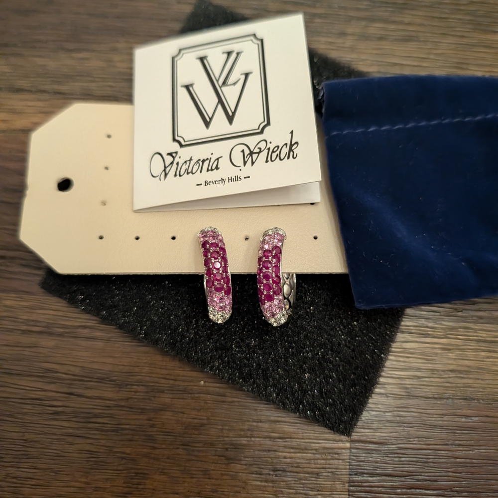 Victoria Wieck SS 6.58ctw Ruby, Pink Sapphire & White Zircon Hoop Earrings